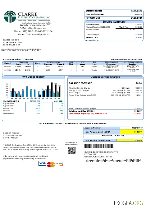 États Unis Iowa Clarke Electric Cooperative, Inc modèle de facture de services publics aux formats Word et PDF